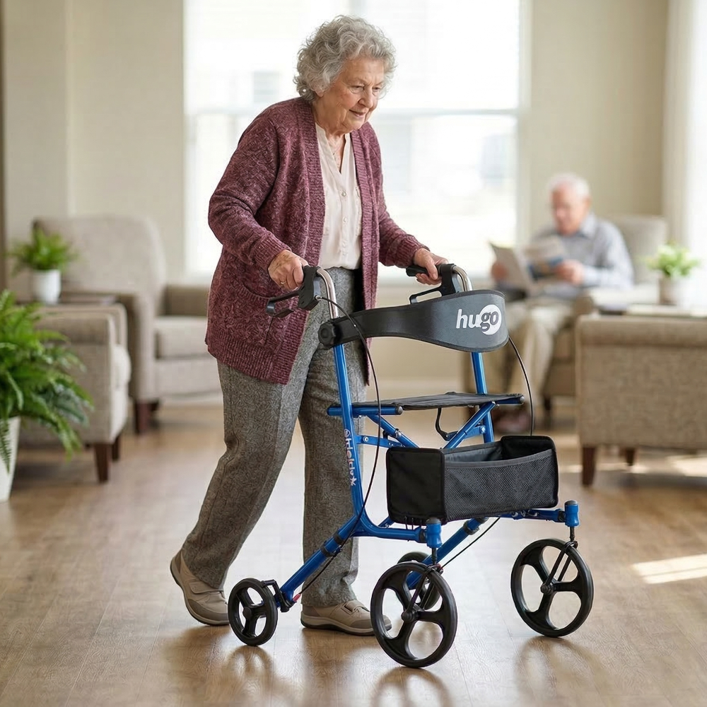 Older woman walking with a Blue Hugo Sidekick rollator indoors
